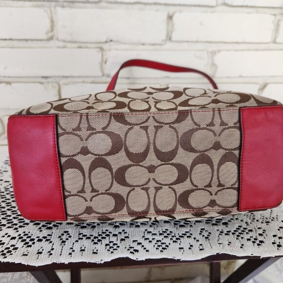 Coach Signature Khaki & Red Leather Medium Handbag Satchel Purse - Picture 7 of 14